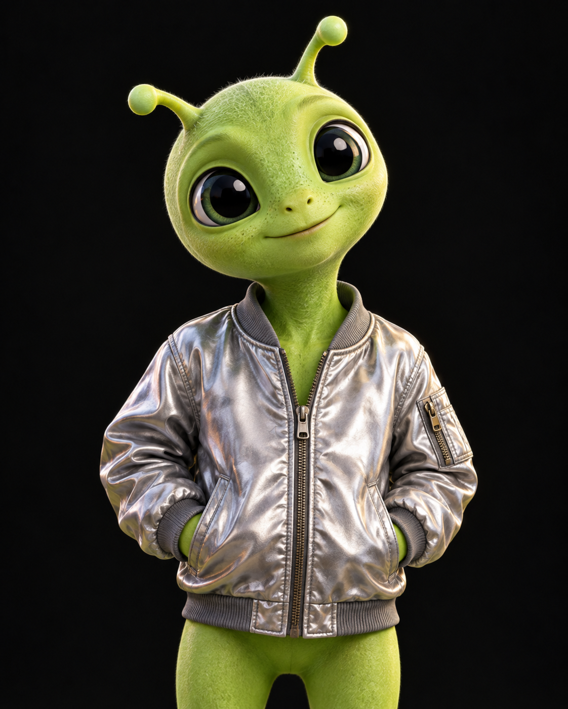 Cinematic 3D alien wearing a silver bomber jacket
