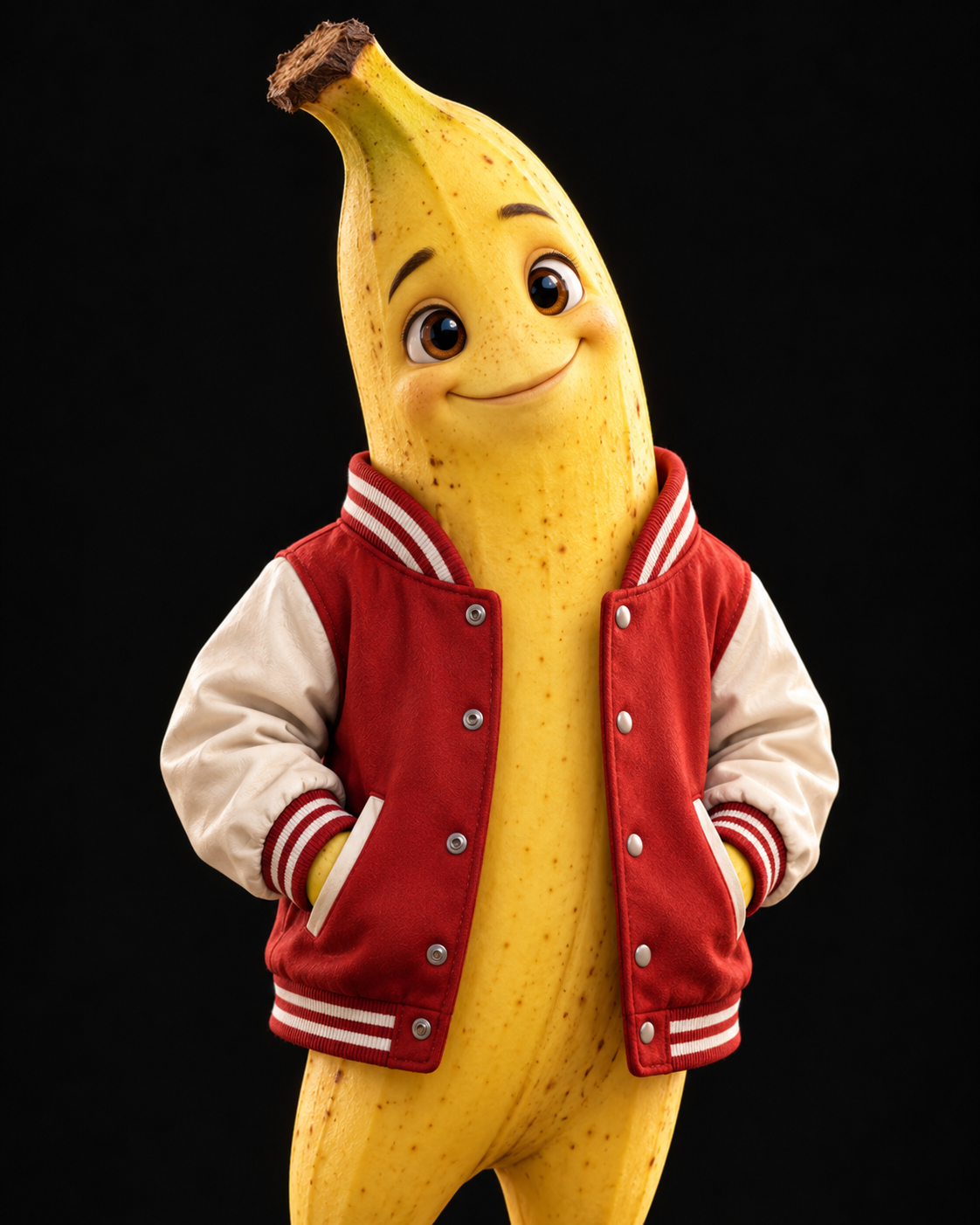 Cinematic 3D banana wearing a red varsity jacket