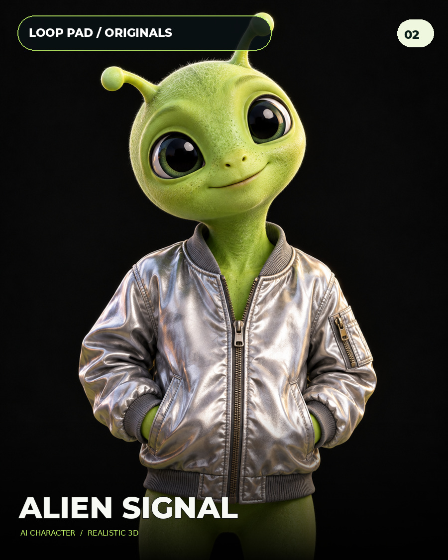 Realistic 3D green alien wearing a silver bomber jacket