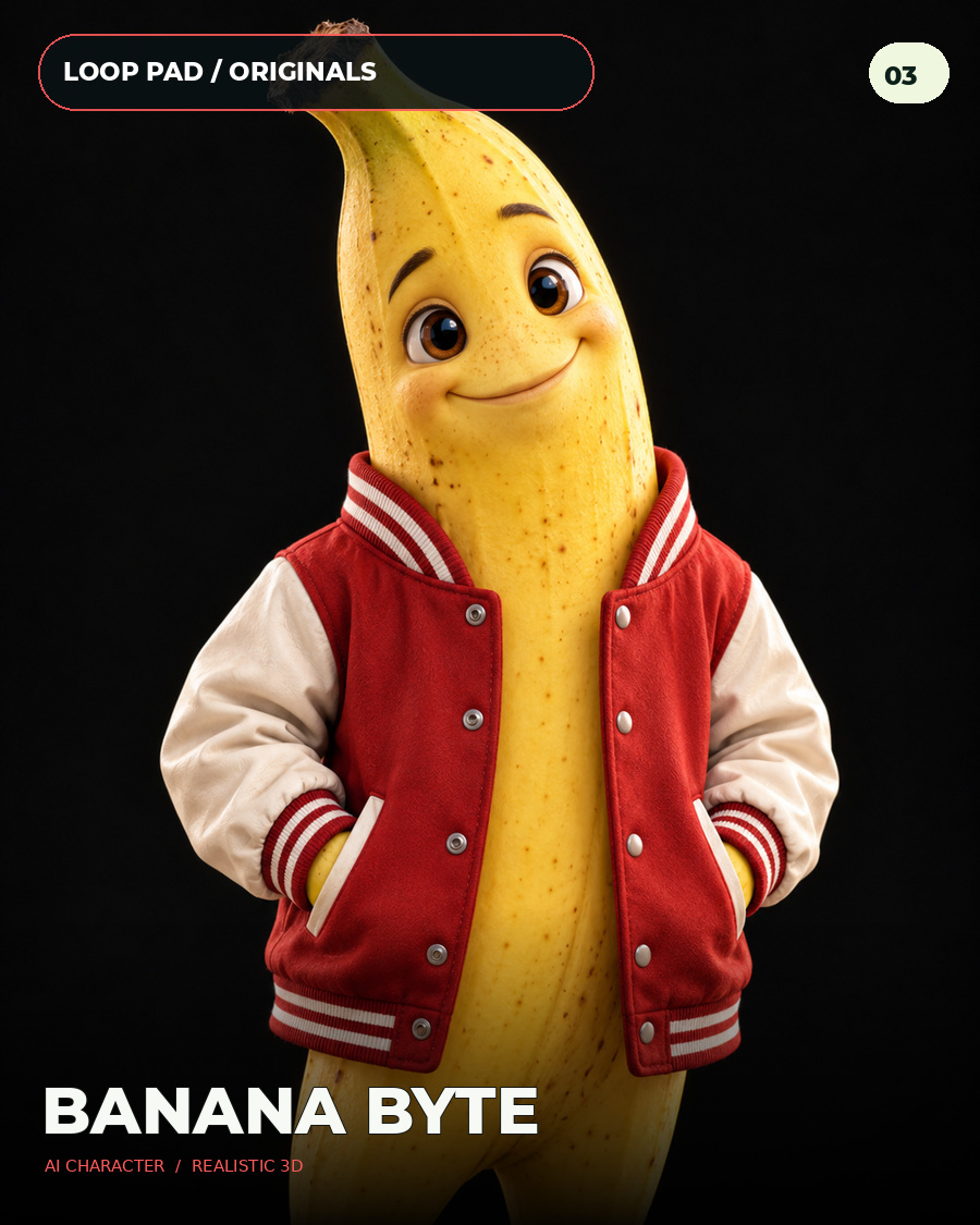 Realistic 3D banana wearing a red varsity jacket