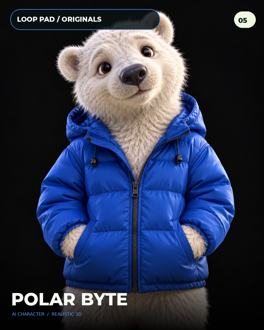 3D polar bear wearing a blue puffer coat