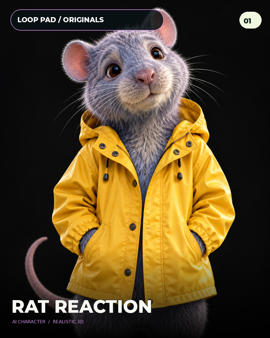 Realistic AI 3D lavender-gray rat wearing a yellow jacket